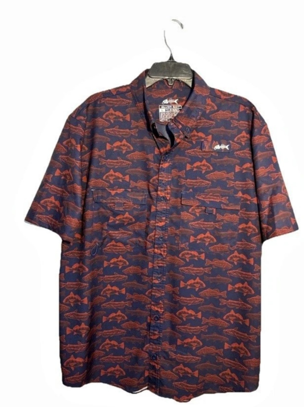 Silver Bait Fish Print Button Down vented  Shirt Size Large